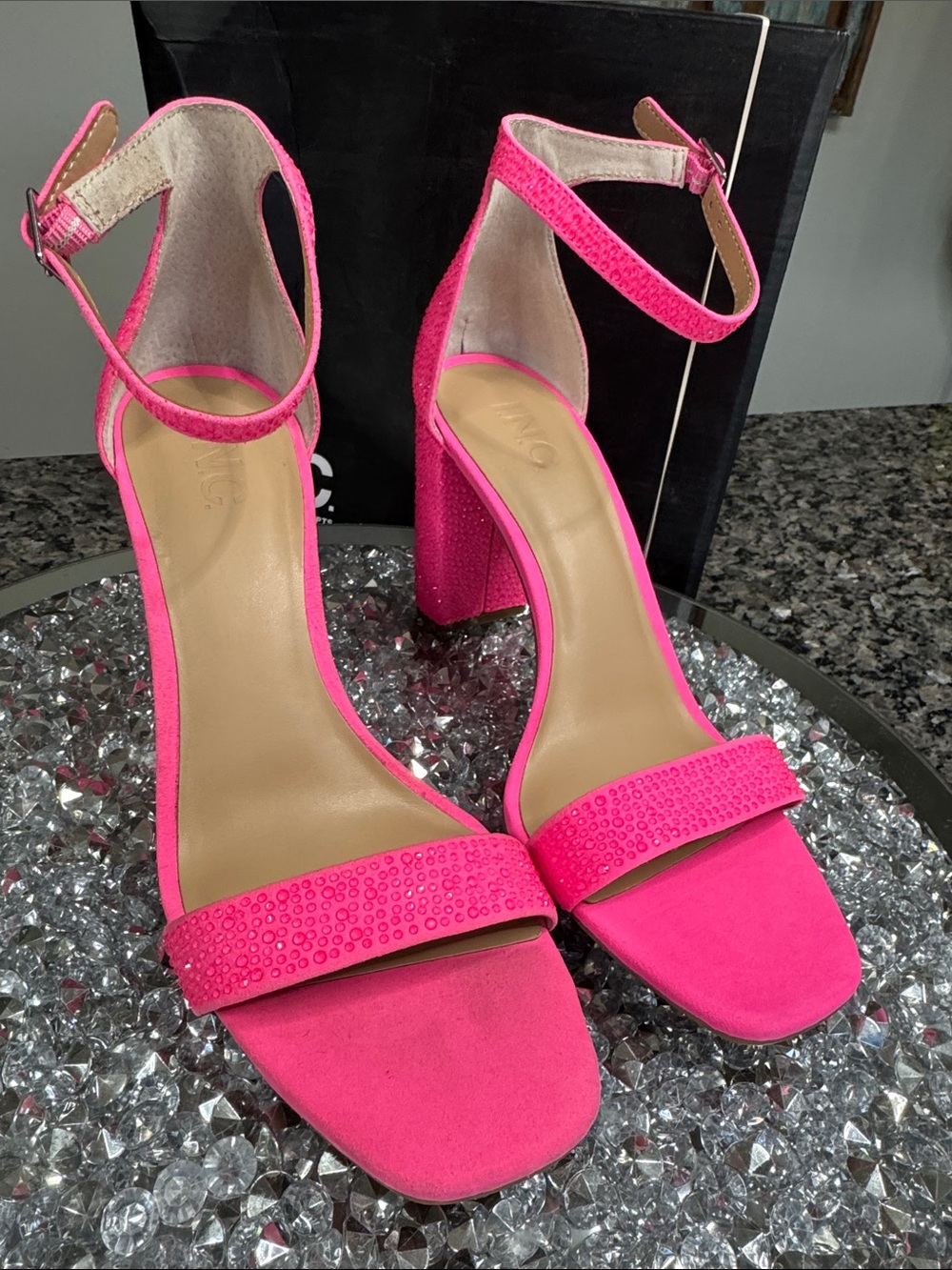 INC International Concepts Neon Pink Block Heel Ankle Strap Sandals - Picture 6 of 14